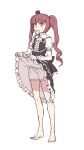  1girl absurdres barefoot bloomers brown_eyes brown_hair chan_ye2 clothes_lift dress dress_lift eyepatch eyepatch_removed frilled_dress frills full_body hanazono_yurine hat highres jashin-chan_dropkick lifted_by_self lolita_fashion long_hair long_sleeves medical_eyepatch mini_hat mini_top_hat mouth_hold simple_background solo sweatdrop tilted_headwear toes top_hat twintails underwear white_background white_bloomers 