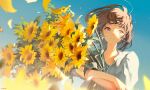  1girl blue_background bouquet brown_eyes brown_hair champi facing_viewer falling_petals flower highres holding holding_bouquet original parted_lips petals short_hair signature solo sunflower upper_body yellow_flower 