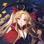  1girl :o blonde_hair breasts cleavage cloak crown earrings ereshkigal_(fate) fate/grand_order fate_(series) gold_bar gold_earrings highres holding holding_scythe jewelry night open_mouth orange_eyes red_cloak scythe sidelocks skull_choker yorktown_cv-5 