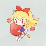  1girl aikatsu! aikatsu!_(series) ayu_(mog) blonde_hair blue_jacket blush bow chibi closed_mouth commentary_request food fruit full_body grey_background hair_bow hairband holding holding_food holding_fruit hoshimiya_ichigo jacket long_hair long_sleeves neck_ribbon pleated_skirt red_bow red_eyes red_hairband red_ribbon ribbon school_uniform shirt simple_background single_stripe skirt solo star_(symbol) starlight_academy_school_uniform strawberry white_footwear white_shirt white_skirt 