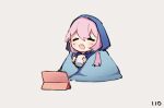 1girl :d =_= arknights blue_jacket blue_poison_(arknights) blush chibi closed_eyes commentary cup dailybloopy english_commentary grey_background hair_between_eyes holding holding_cup hood hood_up hooded_jacket jacket long_hair low_twintails open_mouth pink_hair sidelocks simple_background sitting smile solo tablet_pc twintails 