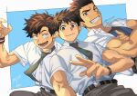  3boys blue_background border brown_eyes brown_hair buttons collared_shirt copyright_request green_necktie highres looking_at_viewer male_focus multiple_boys muscular muscular_male necktie open_clothes open_mouth open_shirt red_wristband sagami_jon shirt short_hair smile teeth upper_body v watch white_border white_shirt wristwatch 