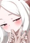  1boy 1girl ahoge black_horns blue_archive blush commentary finger_sucking half-closed_eyes hand_grab highres hina_(blue_archive) hitotose_rin horns long_hair looking_at_viewer pink_pupils pov pov_hands purple_eyes revision saliva solo_focus sweat symbol-only_commentary white_hair 