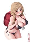  1girl backpack bag bikini black_bikini blush braid breasts brown_eyes collarbone ebifurya front-tie_bikini_top front-tie_top hands_up highres kantai_collection large_breasts leaning_forward light_brown_hair long_hair looking_at_viewer low_twin_braids minegumo_(kancolle) navel one-hour_drawing_challenge randoseru side-tie_bikini_bottom sidelocks simple_background skindentation solo string_bikini sweat swimsuit thighs twin_braids twitter_username wavy_mouth white_background 