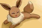  ambiguous_gender brown_body canid canine eevee eyes_closed feral fox generation_1_pokemon jayfeather233 lying lying_on_ground mammal nintendo on_front pokemon pokemon_(species) simple_background smile smiling_at_viewer solo 