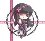  1girl belt black_dress black_footwear black_hair chain chibi cross-laced_clothes cross-laced_legwear detached_sleeves dress english_text hairband highres katana long_hair looking_at_viewer obi_bow patchwork_fat. pink_eyes sheath sheathed sidelocks sleeveless sleeveless_dress smile solo suishinshi_masahide_(tenka_hyakken) sword tenka_hyakken weapon wide_sleeves 