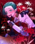  1boy absurdres ami_kiriwo artist_name ascot black_gloves black_horns blush drooling flower gloves green_eyes green_hair highres horns jyamja long_sleeves looking_at_viewer mairimashita!_iruma-kun open_mouth pointy_ears single_horn spider_lily 