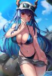  1girl arknights bare_shoulders baseball_cap bikini blue_bikini blue_hair blue_sky blush ch&#039;en_(arknights) ch&#039;en_the_holungday_(arknights) cloud commentary_request day dragon_horns grey_shorts hand_up hat highres holiday_(pangjelly) horns long_hair looking_at_viewer navel open_fly red_eyes short_shorts shorts sky solo stomach sunglasses swimsuit thighs very_long_hair wading water white_headwear 