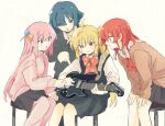  4girls blonde_hair blue_hair bocchi_the_rock! cube_hair_ornament fuji_1221 gotoh_hitori guitar hair_ornament highres holding holding_instrument ijichi_nijika instrument kita_ikuyo multiple_girls pink_hair pink_track_suit red_hair sweatdrop yamada_ryo 