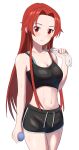  1girl absurdres bare_arms black_shorts black_sports_bra breasts commission dolphin_shorts forehead highres holding holding_towel light_blush looking_at_viewer medium_breasts meibin navel red_eyes red_hair second-party_source shorts skeb_commission smile solo sports_bra sweat sword_art_online sword_art_online:_alicization tiese_schtrinen towel white_background 