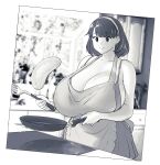  1girl absurdres apron breasts cleavage earrings erkaz flipping_food food frying_pan greyscale hairband highres huge_breasts indoors jewelry kitchen monochrome original pancake rina_atherina short_hair smile solo spatula upper_body window 