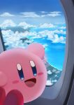  above_clouds airplane_interior blue_sky blush_stickers cloud colored_skin commentary_request highres kirby kirby_(series) looking_at_viewer mitama_pk1027 no_humans ocean open_mouth pink_skin sky solid_oval_eyes window 
