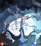  absurd_res anthro bna_v5 body_writing brand_new_animal canid canine canis dislyte fangs freddy_(dislyte) group hi_res male male/male mammal muscular muscular_male nipple_piercing nipples phone piercing public public_exposure shirou_ogami smile studio_trigger teeth wolf 