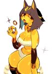  animal_crossing ankha_(animal_crossing) anthro black_hair clothed clothing domestic_cat felid feline felis female fur hair hi_res mammal nintendo open_mouth pawpads simple_background solo tongue tongue_out usa37107692 yellow_body yellow_fur 