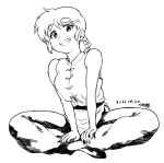  1girl braid braided_ponytail breasts chinese_clothes commentary_request dated genderswap genderswap_(ftm) greyscale indian_style large_breasts looking_at_viewer medium_hair monochrome ranma-chan ranma_1/2 saotome_ranma shirt signature sitting sleeveless sleeveless_shirt slippers smile solo tangzhuang teeth tsukudani_(coke-buta) white_background 