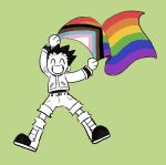  1boy black_hair closed_eyes flag full_body gon_freecss green_background holding holding_flag hunter_x_hunter lgbt_pride long_sleeves male_child male_focus partially_colored pride_month rainbow_flag short_hair shorts simple_background smile spiked_hair tiredhomeboi 