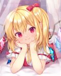  1girl barefoot bed_sheet blonde_hair blurry blurry_background blush bow closed_mouth crystal curtains dress feet_up flandre_scarlet hair_between_eyes hand_on_own_cheek hand_on_own_face hands_on_own_cheeks hands_on_own_face head_rest looking_at_viewer lying medium_hair mimi_(mimi_puru) multicolored_wings no_headwear on_stomach one_side_up pointy_ears puffy_short_sleeves puffy_sleeves red_bow red_dress red_eyes red_skirt red_vest ribbon shirt short_sleeves side_ponytail skirt smile solo split_mouth the_pose touhou transparent_curtains vest window wings yellow_ribbon 