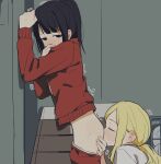  2girls against_wall arm_support black_hair blonde_hair blush carol_olston closed_eyes clothes_pull coldcat. covering_mouth cowboy_shot cunnilingus dot_nose from_side gundou_misuzu gym_storeroom hand_up high_ponytail highres indoors jacket long_bangs long_hair looking_at_another looking_back motion_lines multiple_girls nose_blush oral pants pants_pull parted_bangs raised_eyebrows red_jacket red_pants shirt sidelocks standing standing_cunnilingus sweat tomo-chan_wa_onna_no_ko track_jacket track_pants trembling white_shirt yuri 