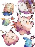  animal_focus apple applin artist_name blue_skin clefable clefairy closed_eyes colored_skin commentary_request crescent_moon food fruit green_skin gulpin hanabusaoekaki highres moon no_humans omanyte one_eye_closed pink_skin pokemon pokemon_(creature) sheep shell simple_background solid_circle_eyes solid_oval_eyes star_(symbol) tail unown unown_a wavy_mouth white_background wool wooloo worm wynaut 