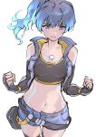  1girl bare_shoulders black_gloves black_thighhighs blue_hair blue_shorts blue_vest breasts clenched_hands closed_mouth collarbone commentary_request cowboy_shot denim denim_shorts elbow_gloves fiery_hair fingerless_gloves gloves hair_between_eyes highres navel open_clothes open_vest purple_eyes sena_(xenoblade) short_shorts shorts side_ponytail simple_background sketch small_breasts smile solo standing thighhighs ug333333 vest white_background xenoblade_chronicles_(series) xenoblade_chronicles_3 