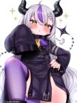  1girl :&lt; absurdres ahoge ascot black_horns blush braid braided_bangs breasts coat coat_dress collar hand_on_own_hip highres hololive horns kanimanju la+_darknesss la+_darknesss_(1st_costume) looking_at_viewer metal_collar multicolored_hair pointy_ears purple_coat purple_hair purple_thighhighs single_thighhigh sleeves_past_fingers sleeves_past_wrists small_breasts solo streaked_hair striped_horns thighhighs virtual_youtuber yellow_ascot yellow_eyes 