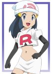  1girl :d absurdres beanie black_footwear black_gloves black_hair boots commentary_request cosplay cropped_jacket dawn_(pokemon) elbow_gloves eyelashes gloves grey_eyes hainchu hair_ornament hairclip hand_on_own_hip happy hat highres jacket jessie_(pokemon) jessie_(pokemon)_(cosplay) logo long_hair navel open_mouth pokemon pokemon_(anime) short_sleeves sidelocks skirt smile solo team_rocket team_rocket_uniform thigh_boots tongue white_background white_headwear white_jacket white_skirt 