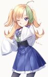  1girl ahoge blonde_hair blue_eyes green_hair highres ina_(inadahime) multicolored_hair one_eye_closed pantyhose school_uniform skirt sleeves_past_wrists solo tongue tongue_out two_side_up 