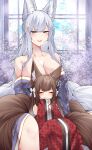  2girls :d absurdres amagi-chan_(azur_lane) animal_ears azur_lane bare_shoulders between_legs blue_eyes blue_kimono blush breasts brown_hair cleavage closed_eyes eyeshadow facing_viewer fang flower fox_ears fox_girl fox_tail hair_between_eyes hair_flower hair_ornament hand_between_legs hands_up happy highres indoors japanese_clothes kimono kitsune large_breasts long_hair looking_at_another looking_down makeup multiple_girls multiple_tails off_shoulder own_hands_together print_kimono purple_eyes red_eyeshadow red_kimono samip shinano_(azur_lane) sitting slit_pupils smile tail very_long_hair white_flower white_hair 