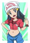  1girl :d alternate_costume beanie black_hair blue_shorts border bracelet commentary_request cropped_jacket dawn_(pokemon) eyelashes grey_eyes hainchu hair_ornament hairclip hand_on_own_hip happy hat highres jewelry long_hair looking_at_viewer navel open_mouth pokemon pokemon_(anime) poketch red_shirt shirt short_sleeves shorts sidelocks smile solo tongue watch white_border white_headwear wristwatch 