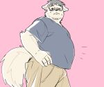  2023 anthro belly bottomwear canid canine canis clothing domestic_dog eyewear glasses hi_res kemono male mammal overweight overweight_male pants pink_background shirt simple_background solo topwear 
