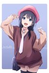  1girl arm_up bag baggy_clothes beret black_bag black_hair black_thighhighs blue_background blue_eyes border brown_sweater_vest carrying_bag collared_shirt commentary cowboy_shot dated hair_over_shoulder hand_up hat head_tilt highres long_hair looking_at_viewer monai-chan_(nii_manabu) necktie nii_manabu no_pants open_mouth original outside_border oversized_clothes oversized_shirt plaid plaid_shirt red_headwear shirt shoulder_bag sidelocks signature simple_background sleeves_past_wrists smile solo sweater_vest thighhighs unmoving_pattern white_border white_necktie yellow_shirt 