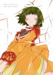  1girl absurdres anniversary choker closed_eyes closed_mouth copyright_name dress farah_oersted green_hair highres long_hair orange_dress red_choker short_hair simple_background smile solo tales_of_(series) tales_of_eternia white_background youme_xz 