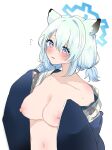  1girl absurdres animal_ears blue_archive blue_halo breasts cleavage collarbone flying_sweatdrops halo highres large_breasts light_green_hair long_hair nipples official_alternate_costume pink_eyes ririnono_(sakuraba77) shigure_(blue_archive) shigure_(hot_spring)_(blue_archive) simple_background solo upper_body weasel_ears white_background 