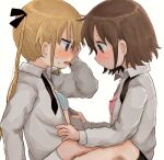  2girls bags_under_eyes black_necktie black_ribbon black_socks blonde_hair blue_bra blush bra breasts brown_eyes brown_hair commentary_request crying crying_with_eyes_open face-to-face feet_out_of_frame from_side hair_ribbon hand_up highres kill_me_baby kneehighs long_sleeves looking_at_another multiple_girls necktie nose_blush open_clothes open_mouth open_shirt oribe_yasuna parted_lips pink_bra profile purple_eyes ribbon simple_background sitting small_breasts socks sonya_(kill_me_baby) sweat tears twintails underwear undone_necktie undressing_another wavy_mouth white_background white_socks yasashii_naizou yuri 