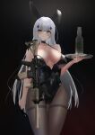  1girl absurdres assault_rifle bare_shoulders blunt_bangs blush breasts choker cowboy_shot girls&#039;_frontline green_eyes gun h&amp;k_hk416 highres hk416_(girls&#039;_frontline) large_breasts long_hair pantyhose playboy_bunny rifle rynn_(rynn_cube) sling teardrop_facial_mark teardrop_tattoo thighband_pantyhose very_long_hair weapon white_hair 