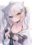  1girl :t ahoge animal_ear_fluff animal_ears bare_shoulders black_camisole black_collar black_ribbon blue_eyes blush breasts brown_eyes camisole cat_ears cleavage closed_mouth collar collarbone commentary_request grey_hair hair_between_eyes hair_ornament hair_ribbon hairclip heart heterochromia highres jacket long_hair long_sleeves looking_at_viewer medium_breasts original pout puffy_long_sleeves puffy_sleeves ribbon ringouulu sleeves_past_wrists solo twitter_username two_side_up upper_body very_long_hair white_jacket 