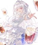  1girl ahoge alcohol bare_shoulders beer beer_mug breasts cleavage_cutout clothing_cutout corset cup dirndl dress fate/grand_order fate_(series) frilled_hairband frills german_clothes hairband highres long_hair looking_at_viewer medium_breasts merlin_(fate/prototype) mug nashiko_(nanaju_ko) one_eye_closed open_mouth pink_eyes pointy_ears scrunchie smile solo sparkle thighhighs thighs very_long_hair white_dress white_hair white_thighhighs wrist_scrunchie 