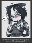  ... 1girl animal_ear_fluff animal_ears blood broken bulletproof_vest english_text fingerless_gloves gloves hetza_(hellshock) holding holding_eyewear jacket long_hair nosebleed original parted_lips partially_colored solo upper_body 