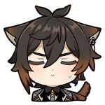  1boy animal_ears antenna_hair brown_hair brown_jacket cat_ears cat_tail chibi closed_eyes closed_mouth collared_jacket collared_shirt commentary_request earrings eyeshadow genshin_impact gradient_hair grey_necktie hair_between_eyes jacket jewelry kemonomimi_mode long_hair long_sleeves lowres makeup male_focus multicolored_hair necktie open_clothes open_jacket orange_eyeshadow orange_hair ponytail ririri_(lilili_tea) shirt simple_background single_earring solo sweat sweatdrop tail transparent_background upper_body v-shaped_eyebrows white_shirt zhongli_(genshin_impact) 