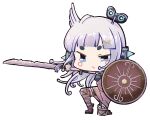  1girl alternate_costume and_uge blue_eyes blunt_bangs brown_dress brown_footwear chibi closed_mouth dress frown full_body grey_hair hair_ornament hairpods highres holding holding_shield holding_sword holding_weapon long_hair looking_at_viewer medium_bangs nanashi_inc. on_one_knee shield shoes simple_background solo sword thick_eyebrows touki31249960 transparent_background v-shaped_eyebrows virtual_youtuber weapon winding_key x_hair_ornament 