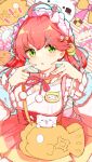  1girl 35p_(sakura_miko) ahoge chilwell_seele food frilled_headwear frilled_sleeves frills green_eyes hair_ornament highres hololive long_hair official_alternate_costume pink_hair pink_ribbon ribbon sakura_miko sakura_miko_(new_year) solo taiyaki virtual_youtuber wagashi 