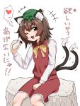  &gt;_o +++ 1girl ;3 ;d animal_ear_fluff animal_ears blush bow bowtie brown_eyes brown_hair bun_(food) cat_ears cat_tail chen commentary_request drooling earrings fang feet_out_of_frame flat_chest food food_on_face green_headwear hair_between_eyes hat heart highres holding holding_food jewelry long_sleeves looking_at_viewer medium_hair messy_hair mob_cap mouth_drool multiple_tails nekomata one_eye_closed petite petticoat red_skirt red_vest s_zonmbi simple_background single_earring sitting skirt skirt_set smile solo spoken_heart tail touhou translation_request two_tails vest white_background yellow_bow yellow_bowtie 