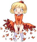  1girl @_@ aki_shizuha blonde_hair blush breasts commentary_request covering covering_crotch dress embarrassed full_body hair_ornament hospital_king leaf leaf_hair_ornament long_sleeves looking_down maple_leaf no_panties open_mouth orange_dress pigeon-toed short_bangs short_hair simple_background small_breasts socks solo tearing_up tongue touhou white_background white_socks yellow_eyes 