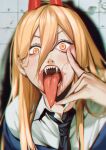  1girl akanbe black_necktie blonde_hair blood blood_on_face blue_jacket chainsaw_man collared_shirt cross-shaped_pupils fangs hair_between_eyes highres horns jacket long_hair long_tongue looking_at_viewer necktie off_shoulder power_(chainsaw_man) red_horns sharp_teeth shirt solo spykeee symbol-shaped_pupils teeth tongue tongue_out white_shirt yellow_eyes 