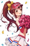  1girl absurdres blush brown_eyes brown_hair cheerleader confetti crop_top dot_nose elbow_gloves frilled_skirt frills gloves hano9789 highres holding holding_pom_poms idolmaster idolmaster_million_live! idolmaster_million_live!_theater_days long_hair looking_at_viewer open_mouth pom_pom_(cheerleading) ponytail red_gloves ribbon simple_background skirt smile solo standing striped striped_gloves striped_skirt sweatdrop tanaka_kotoha visor_cap white_background yellow_ribbon 