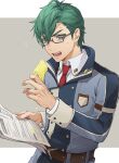  1boy belt blue_eyes collared_shirt eiyuu_densetsu food glasses green_hair grey-framed_eyewear hair_between_eyes holding holding_food holding_paper holding_popsicle isa_(peien516) jacket long_sleeves machias_regnitz male_focus melting military_uniform necktie open_mouth paper popsicle red_necktie sen_no_kiseki sen_no_kiseki_iii sen_no_kiseki_iv shirt simple_background solo two-tone_background uniform upper_body white_shirt 