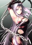  1girl armpits breasts chain cleavage cleavage_cutout clothing_cutout facial_mark fate/grand_order fate_(series) forehead forehead_mark highres long_hair medusa_(fate) medusa_(rider)_(fate) nameless_dagger_(fate) purple_eyes purple_hair solo tonkatsu_(pixiv47962331) upper_body very_long_hair 