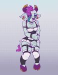  absurd_res anthro bovid bovine cattle clothed clothing collar digital_media_(artwork) ear_piercing facial_hair hair hi_res hooves horn maid_uniform male mammal mustache piercing pixel_(artwork) purple_hair simple_background solo tass_(character) tass_the_bovine uniform 