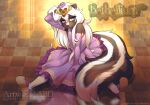  2022 abluedeer aisling_(bethellium) anthro armwear bethellium black_nose clothing dress elbow_gloves female fluffy fluffy_tail footwear fur gloves hair handwear heterochromia mammal mephitid purple_clothing purple_dress shoes skunk solo tail white_hair 