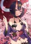  1girl :d absurdres bare_shoulders black_hair blurry blurry_foreground branch breasts collarbone commentary_request depth_of_field fangs fate/grand_order fate_(series) flower hands_up headpiece highres holding holding_branch holding_umbrella horns japanese_clothes kimono long_sleeves looking_at_viewer nosetissue obi off_shoulder oil-paper_umbrella oni oni_horns petals pink_flower purple_eyes purple_kimono red_umbrella revealing_clothes sash short_eyebrows short_hair shuten_douji_(fate) small_breasts smile solo thick_eyebrows umbrella wide_sleeves 